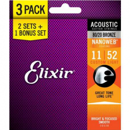 ELIXIR NANOWEB 16538 3 PACK: 11027 MUTA ACOUSTIC BRONZE - CUSTOM LIGHT - 11-52