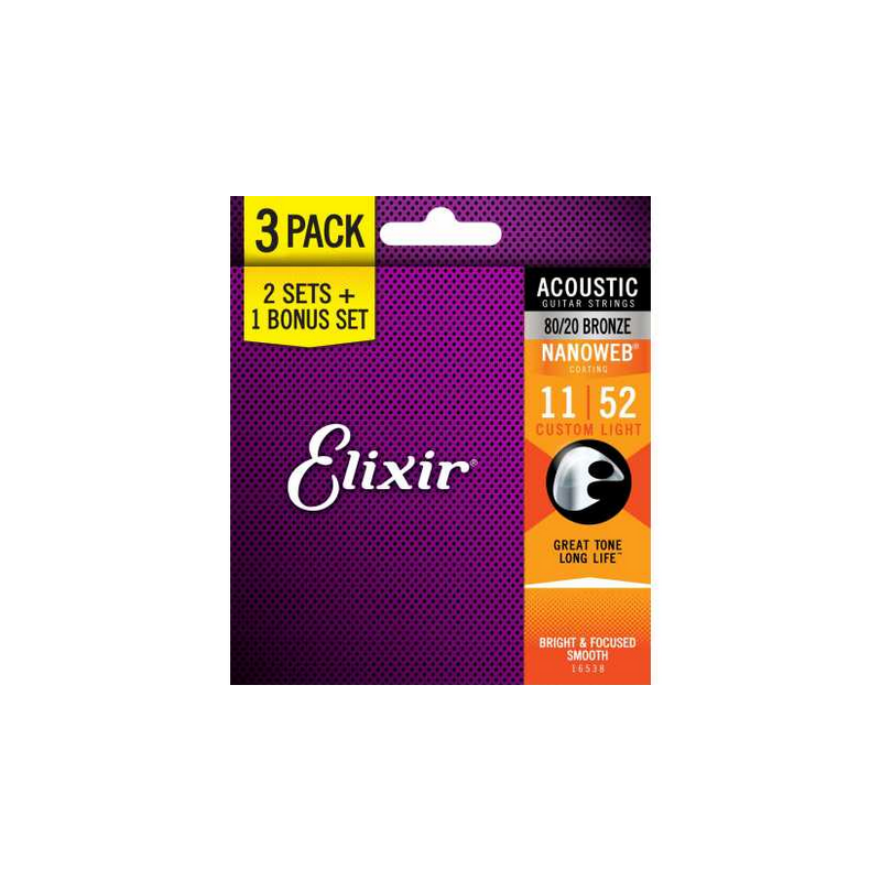 ELIXIR NANOWEB 16538 3 PACK: 11027 MUTA ACOUSTIC BRONZE - CUSTOM LIGHT - 11-52