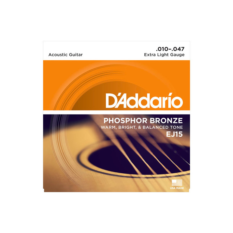 D'ADDARIO EJ15 PHOSPHOR BRONZE ACOUSTIC GUITAR STRINGS EXTRA LIGHT 10-47