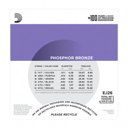 D'ADDARIO EJ26 PHOSPHOR BRONZE ACOUSTIC GUITAR STRINGS CUSTOM LIGHT 11-52