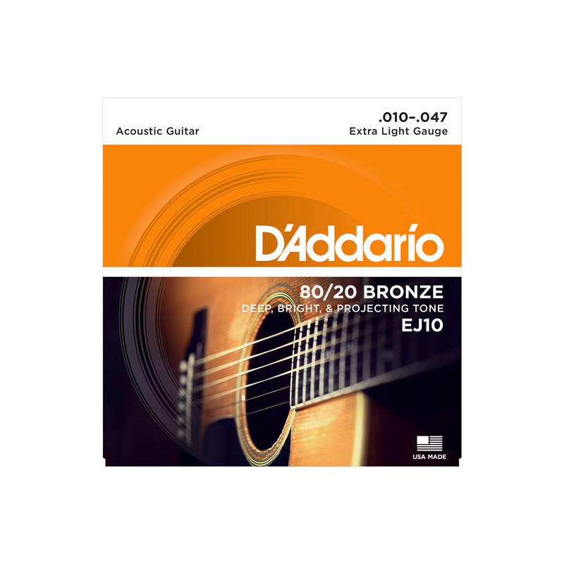 D'ADDARIO EJ10 80-20 BRONZE ACOUSTIC GUITAR STRINGS EXTRA LIGHT 10-47