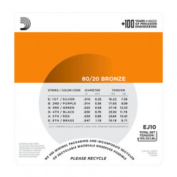 D'ADDARIO EJ10 80-20 BRONZE ACOUSTIC GUITAR STRINGS EXTRA LIGHT 10-47