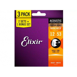 ELIXIR 16545 3PACK 16052 NANOWEB PHOSPOR BRONZE ACUSTICA 12-53