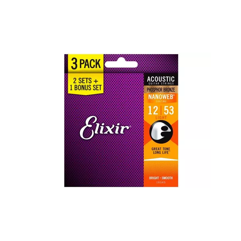 ELIXIR 16545 3PACK 16052 NANOWEB PHOSPOR BRONZE ACUSTICA 12-53