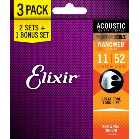 ELIXIR NANOWEB 16544 PACK 3 MUTE 16027 ACOUSTIC PHOSPHOR BRONZE 11/52 CUSTOM LIGHT