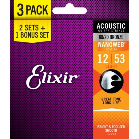 ELIXIR NANOWEB 16539 PACK 3 MUTE 11052 ACOUSTIC BRONZE LIGHT 12/53