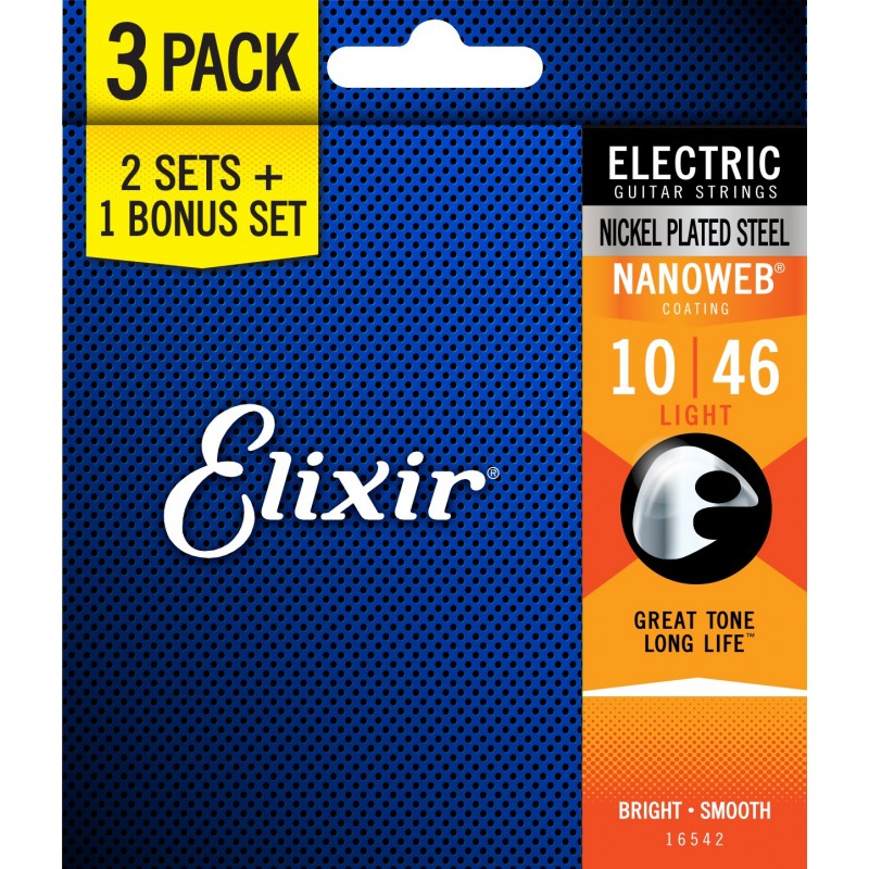 ELIXIR NANOWEB 16542 3 PACK: 12052 ELECTRIC NICKEL PLATED STEEL - LIGHT - 10-46